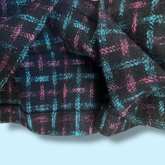 Vintage 80s Size Medium Black Wool Blend Tweed Skirt Fuchsia Blue Woven Pattern - Picture 6 of 9